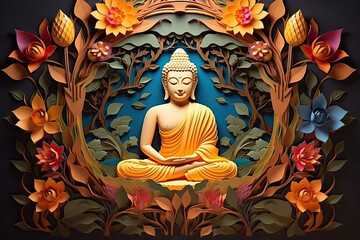 glowing golden buddha with colorful paper cut flowers