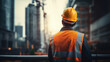 © bornmedia - construction engineer standing with his back and watches at a skyscraper building construction. wearing a helmet and orange safety vest. working as a architect.