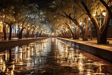 Wall Mural - Riverside at night with trees lighting up, in the style
