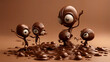 Braune, süße, kleine Aliens aus Schokolade. Praline. Schokoladenhintergrund.