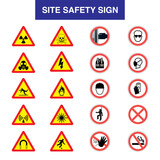 Fototapeta  - Set of safety equipment and mandatory signs. Construction health and work safety icons, hands away, safety helmet, gloves, ear and eye protection, mask, no access, no smoking, smoking zone. Vector.