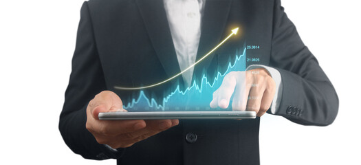 Wall Mural - Businessman plan graph growth and increase of chart positive indicators ,tablet in hand