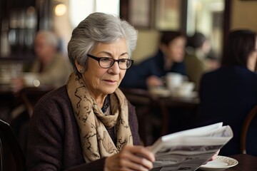 An elderly woman with glasses enjoys reading and relaxing in a cafe with a cup of drink.