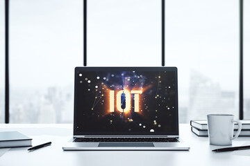 Sticker - Creative IOT concept on modern laptop screen. 3D Rendering