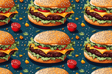 Seamless Pattern With Burgers Hamburgers Cheeseburgers On Blue Background. Decor For Decoration Of Cafes With Fast Food