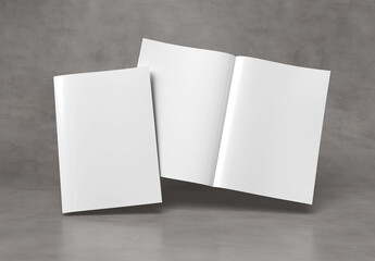 Wall Mural - magazine cover and open magazine mockup on concrete. empty brochure template. 3d rendering