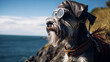 A schnauzer dog in explorer clothes standing on a coast at the sea