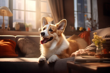 Poster - Corgi dog lies at home and smiles. Corgi dog smiling portrait pembroke welsh corgi walking outdoor in summer park. AI generative.