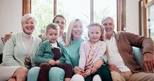 Big Family, Face And Smile On Sofa Happy Connection In Home Together, Relax Holiday Or Summer Vacation Reunion. Mother, Father And Grandparents Or Children Portrait For Bonding, Support Or Peace Hug