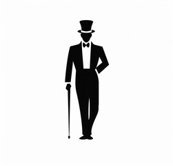 Silhouette of a Man Wearing a Tuxedo and Top Hat Holding a Cane on a White Background