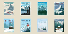 Set Of Winter And Mountain Poster Vector Illustration Template Graphic Design. Bundle Collection Of Various Landscape Nature On Snow For Travel Business Or Adventure Concept