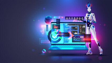 Poster - Software development with help AI. Coding or programming app artificial intelligence online chat bot. Automatization Create Software develop. Robot or cyborg woman with AI teaching coding on laptop.