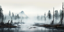 Swamp With Trees In Misty Fog At Sunrise. Tranquil, Moody Landscape. Generative AI