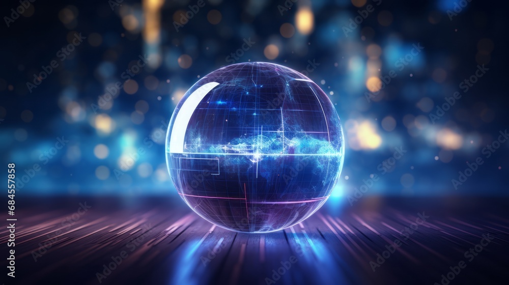 glowing transparent sphere on abstract futuristic digital technology ...