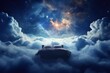 Lucid Dream Concept. A Dreamscape with Lucid Dreaming Effect, Featuring a Fantasy Bed in Cloudy Night Sky with Light and Clouds