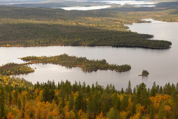 Wall Mural - Autumn Landscapes overlooking the lake Kaskama. Panorama. Kola Peninsula, Arctic Circle, Russia