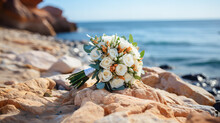 Wonderful Luxury Wedding Bouquet Of White Roses On The Rocks By The Sea. Generative AI Technology