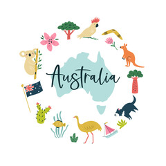 Wall Mural - Colorful composition, circle design with famous symbols, animals of Australia.