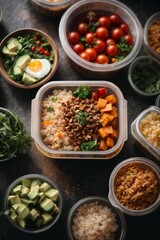 Wall Mural - Top view of healthy food in containers. A lot of vegetables tomatoes, avocados, cucumbers, eggs, meat, fruits, herbs, nuts, dishes on the table. Delivering a balanced nutrition concept.