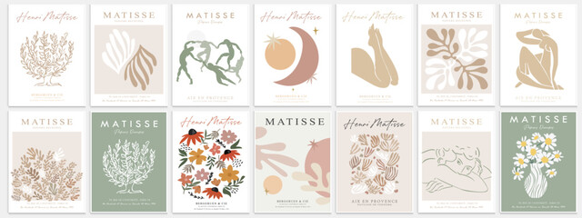 contains abstract art set in matisse style, decorative modern art, vector illustration poster. colle