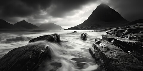 Wall Mural - Nautical marine seascape sea ocean waves rocks landscape background in monochrome black and white