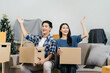 © NINENII - Successful young couple is moving to a nice new place, around boxes with their belongings. The room is very bright and bright, they are wearing casual clothes.
