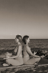 Wall Mural - Two young beautiful ladies in meditating position on the beach