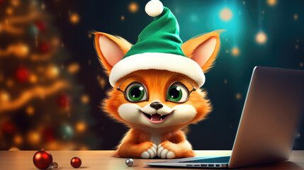  cute, orange foxy baby boy in a santa hat is working on his laptop. Bokeh in the background. Bright