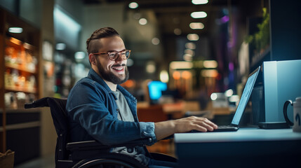 Wall Mural - Happy Man In Wheelchair Working On Laptop Computer