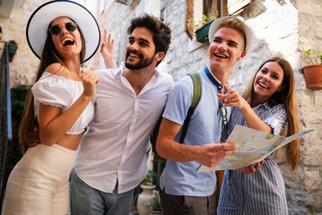 Wall Mural - Happy group of friends enjoying travel and vacation