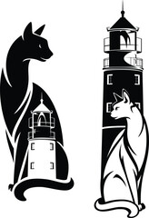 Wall Mural - cat and lighthouse tower black and white vector design set