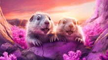 A Pair Of Cute, Fluffy Marmots Crawled Out Of Their Hole In The Mountains, On A Sunny, Spring Day, Among Pink Beautiful Flowers.