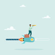 Process, Progress, Loading speed. Effort to complete a job or achieve business success, achievement. The guy rides a rocket looking forward. Vector illustration. 