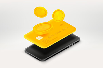 Poster - Golden bank card with smartphone and coins. 3d vector illustration