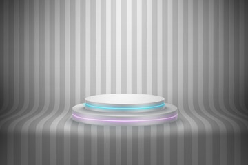 Poster - Empty room with podium and neon lamps and stripes on the floor. 3d style vector illustration 