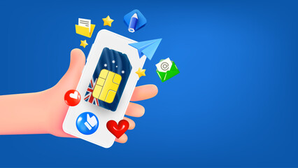 Aufkleber - Man holding smartphone with Australian mobile operator SIM card and app icons. Safety concept. 3d banner with copy space