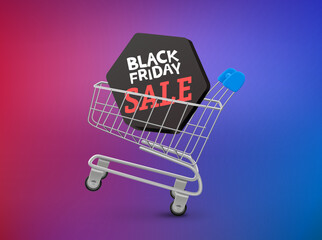 Poster - Shopping cart with percent sign. Black friday sale concept. 3d vector isolated illustration
