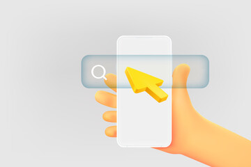 Poster - Man holding mobile phone and searching information in internet. 3d vector illustration