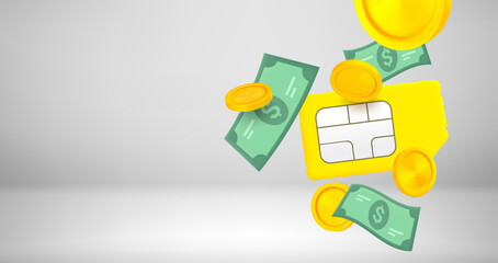 Poster - Mobile phone SIM card with money. Expensive mobile calls concept. 3d vector banner with copy space