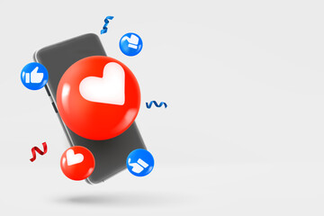 Poster - Modern smartphone with social media icons. 3d vector banner with copy space