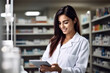  Beautiful  Pharmacist Uses Digital Tablet Computer, Checks Inventory of Medicine, Drugs, Vitamins, Health Care Products on a Shelf. The pharmacist selects medicines according to the client's prescrip