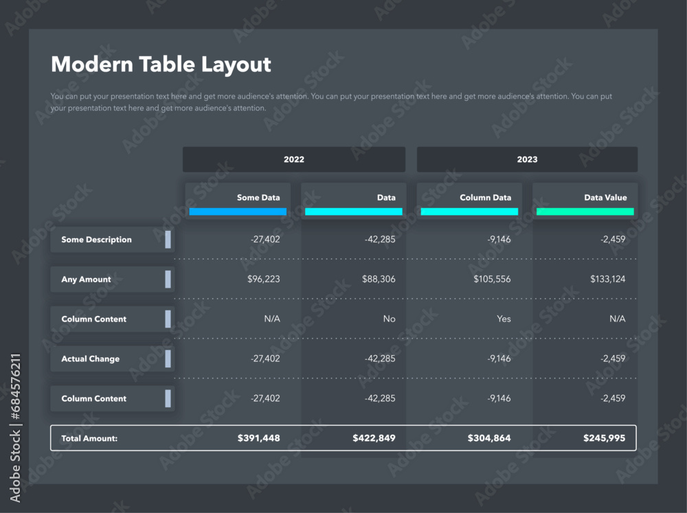Modern table layout template with years columns and a total sum row ...