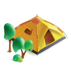 Sticker - 3d Yellow Camping Tent Textile with Tree and Bush Cartoon Style. Vector illustration of Summer Camp in Forest