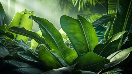  Background: lush green banana leaves in a tropical jungle. lush tropical forest, against the abstract pattern of light and shadow, natural background, seamless banner offers copy space