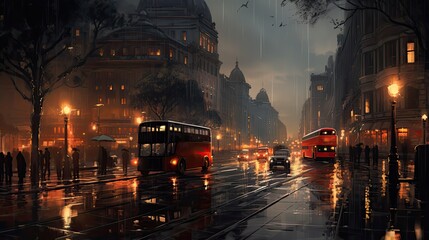 Wall Mural - Street traffic in the city at dusk in the rain