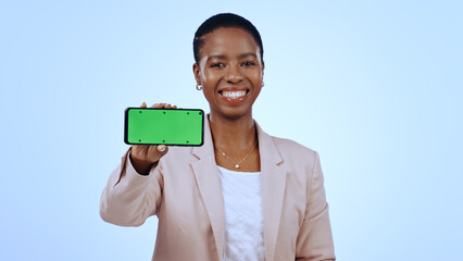 Wall Mural - Business woman, portrait or phone green screen mockup for social media advertising or review. Blue background, happy or African lady with chromakey on mobile app display for marketing space in studio