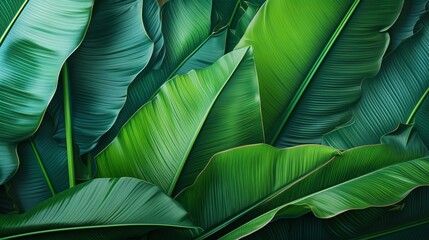 Sticker - Background: lush green banana leaves in a tropical jungle. lush tropical forest, against the abstract pattern of light and shadow, natural background, seamless banner offers copy space
