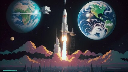 Wall Mural - Futuristic cosmic animation with rocket launcher, deep space, galaxy. Bright cosmic animation with illustrations transformations and metamorphose. AI generated cinematic video