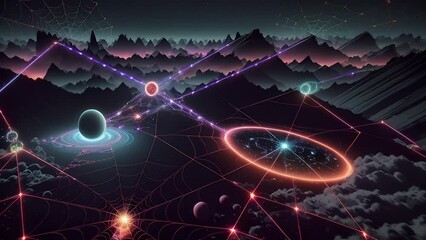 Wall Mural - Futuristic cosmic animation luminous net structure and futuristic cityscape on planet. Bright cosmic animation with illustrations transformations and metamorphose. AI generated cinematic video