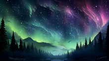 Aurora Borealis On Starry Sky Northern Nature Nebula And Trees Birds Moon Stones Silhouette Cosmic Starry Background,Generated Ai